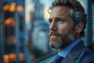 Fototapeta premium A thoughtful businessman in a suit stands by the window, looking out pensively at an urban skyline