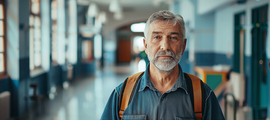 Portrait of a middle aged male janitor in schoo - obrazy, fototapety, plakaty