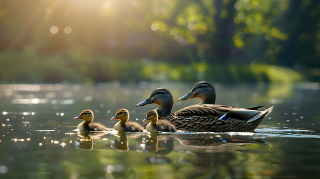 Fototapeta A family of ducks gliding gracefully across a tranquil pond