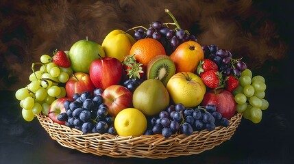 a colorful array of seasonal fruits arranged in a woven fruit basket, capturing the essence of each fruit's unique flavor and aroma