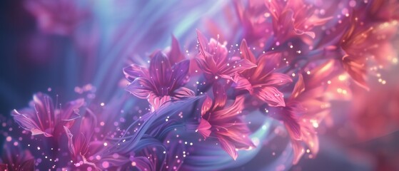 Galactic Radiance: Close-ups unveil the radiant glow of galactic energies blending with wildflower bluebell petals in macro shots. - obrazy, fototapety, plakaty
