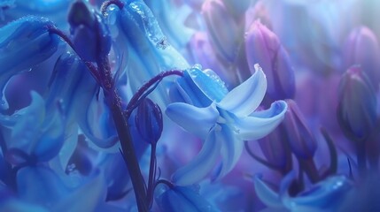 Fototapeta premium Gentle Bluebell Motion: Macro lenses reveal the serene, wavy bloom of wildflower bluebell petals.