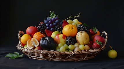 a colorful array of seasonal fruits arranged in a woven fruit basket, capturing the essence of each fruit's unique flavor and aroma