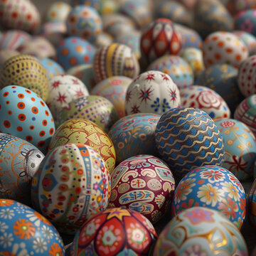 The magic of Easter with colored eggs. Image produced by artificial intelligence.	