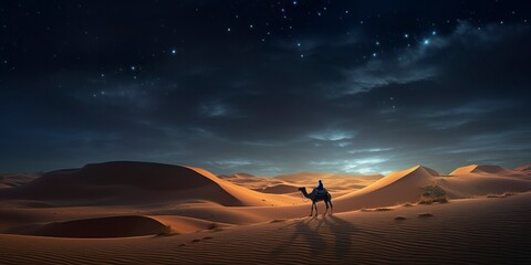 Camel in the desert at night. - obrazy, fototapety, plakaty