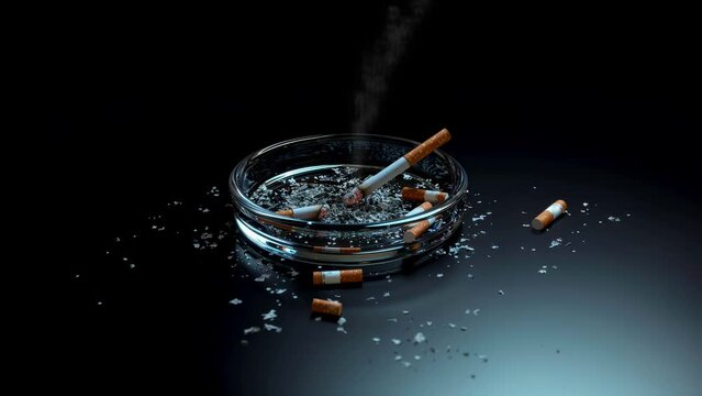 Glass ashtray with cigarette butts and lit cigarette making smoke, there are many cigarette butts