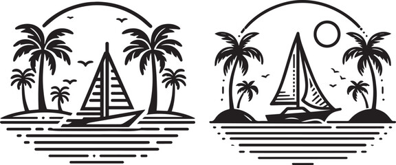 sailboat on sea waves against palms and sun, holidays, tropics, and relaxation, black vector graphic laser cutting engraving