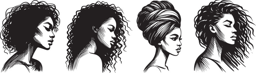 profiles of beautiful Afro women, elegance and grace, black vector graphic laser cutting engraving