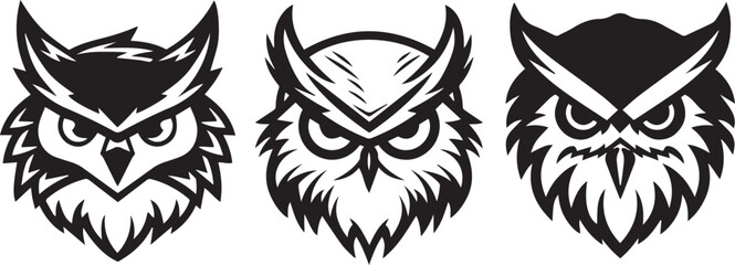 owl heads, detailed and wise expressions, black vector graphic