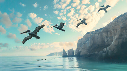 A group of pelicans soaring gracefully above a coastal shoreline - obrazy, fototapety, plakaty