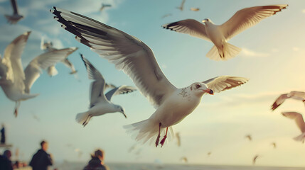 Obraz premium A group of seagulls soaring over a bustling seaside boardwalk