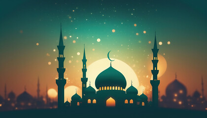 Ramadan Kareem background with mosque, moon and stars. Vector illustration. - obrazy, fototapety, plakaty