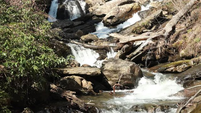 slow motion footage of the rushing water, rocks and waterfall at Anna Ruby Falls with lush green trees and plants in Helen Georgia USA