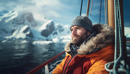 Polar Explorer bearded man portrait on research vessel moving polar seas between mountains during long polar day. Climate change, Global warming and flora and fauna researching in polar zones concept