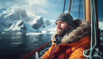 Foto op Plexiglas  Polar Explorer bearded man portrait on research vessel moving polar seas between mountains during long polar day. Climate change, Global warming and flora and fauna researching in polar zones concept © Soloviova Liudmyla