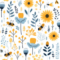 Creative seamless pattern with flowers and bees.  - obrazy, fototapety, plakaty