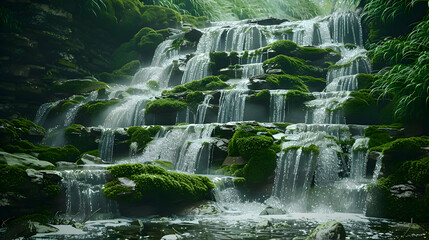 A majestic waterfall cascading down moss-covered rocks in a botanical oasis