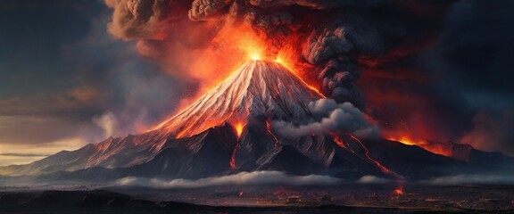 Volcanic eruption, clouds of smoke and fire - obrazy, fototapety, plakaty