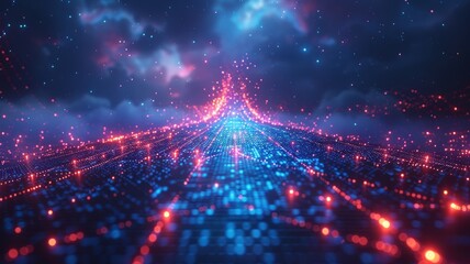 Digital Universe: Neon Lights Abstract. Vivid neon lights create a digital landscape, evoking a journey through a futuristic data stream.