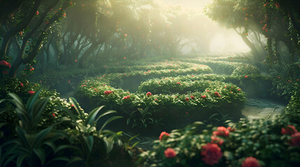 Fototapeta na wymiar A maze of winding paths leading to secret corners bursting with floral life