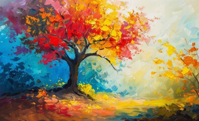 A colorful tree stands tall under a bright sunny sky in this vibrant painting.