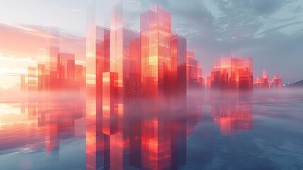 Sunset Mirage over Digital Metropolis. Reflective digital metropolis with vibrant red hues at sunset.