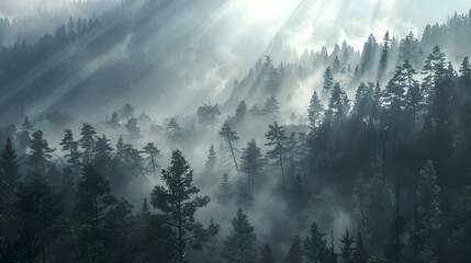 A misty morning in the mountains, with shafts of sunlight piercing through the trees