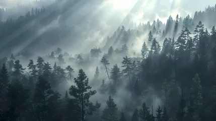  A misty morning in the mountains, with shafts of sunlight piercing through the trees © Muhammad