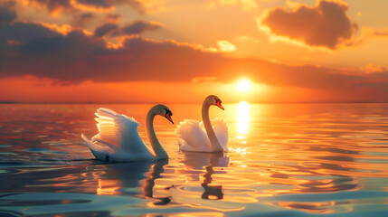 A pair of graceful swans gliding across a tranquil pond at sunset - obrazy, fototapety, plakaty