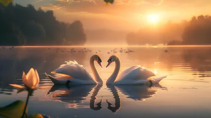Badkamer foto achterwand A pair of graceful swans gliding across a tranquil pond at sunset © Muhammad