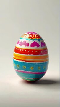 Painted Easter egg on a light background rotates around its axis. Concept of seasonal Easter decoration, artistic craft, festive egg painting, holiday tradition. Vertical format