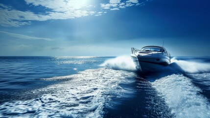 Speed boat on the background of the sea and the sky with clouds - obrazy, fototapety, plakaty