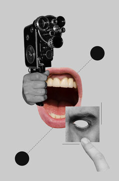 Collage with old film camera and open mouth