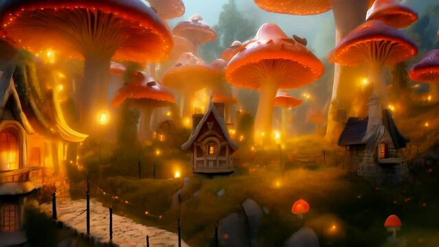 Fairytale magical forest village. Huge fly agaric mushrooms, cozy stone houses, light in the windows, lanterns and lights glow. Motion