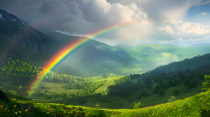 A rainbow arcing over a lush valley after a summer rain