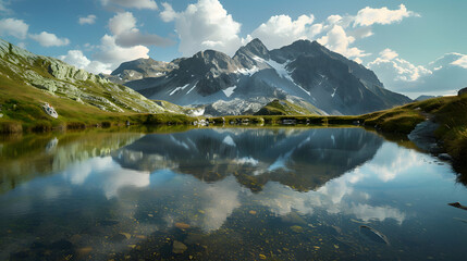 A secluded mountain tarn reflecting the surrounding peaks - obrazy, fototapety, plakaty