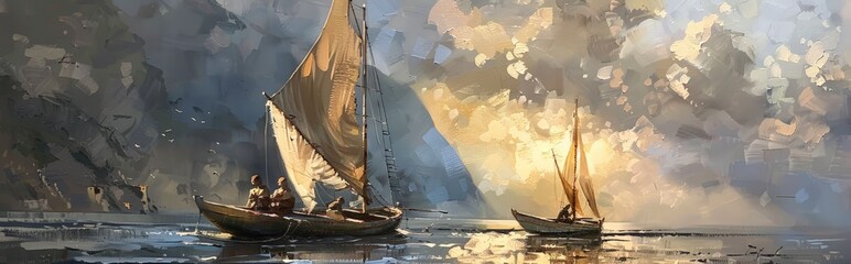 A painting of two boats floating on the water under a clear sky.