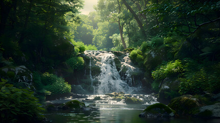 A secluded waterfall hidden deep within a verdant forest - obrazy, fototapety, plakaty