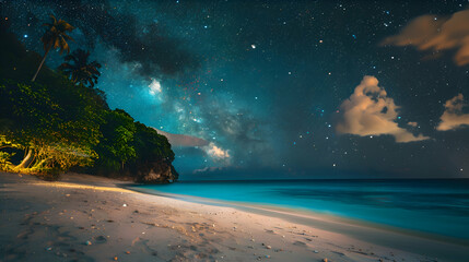 A serene beach under a blanket of twinkling stars