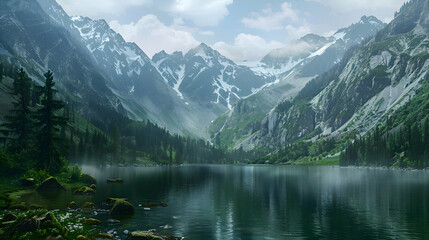 A serene mountain lake nestled amid towering peaks
