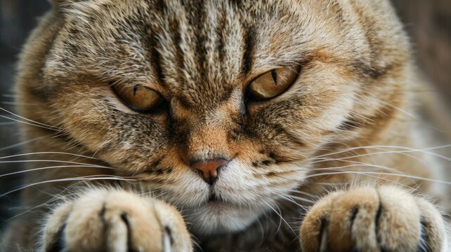 Close-up of a tabby cat's face with paws up - Detailed image capturing the intense gaze of a tabby cat with its paws up in front as if ready to play or interact