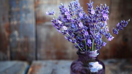 a close-up of lavender sprigs arranged in a vintage glass bottle