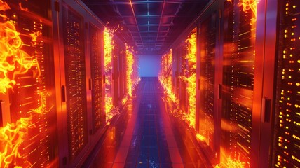 Digital flame engulfing server racks hallway - A hallway of server racks digitally overtaken by flames, depicting a network security disaster scenario