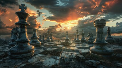 Dramatic chess pieces at sunset - The strategic positioning of chess pieces against a dramatic sunset sky implies intellectual challenge and foresight