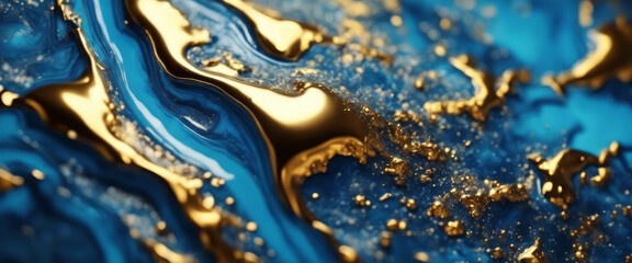 Close-up image of blue and gold fluid art, showcasing intricate patterns and textures.