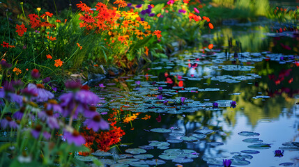 A serene pond reflecting the colorful array of garden flowers