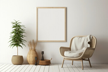 Experience the boho atmosphere of a modern living space adorned with a wicker chair, floor vases, and a blank mockup poster frame on a crisp white wall.