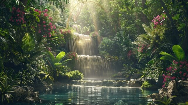 Enchanting waterfall in a tropical forest - Mesmerizing image of sunbeams striking through the green canopy onto a waterfall amidst tropical flora