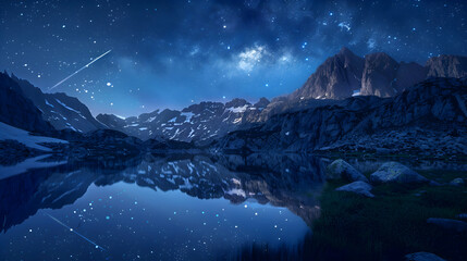 A shooting star reflected in a still mountain lake - obrazy, fototapety, plakaty