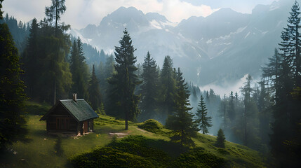 A solitary cabin nestled among towering pine trees in the mountains - obrazy, fototapety, plakaty